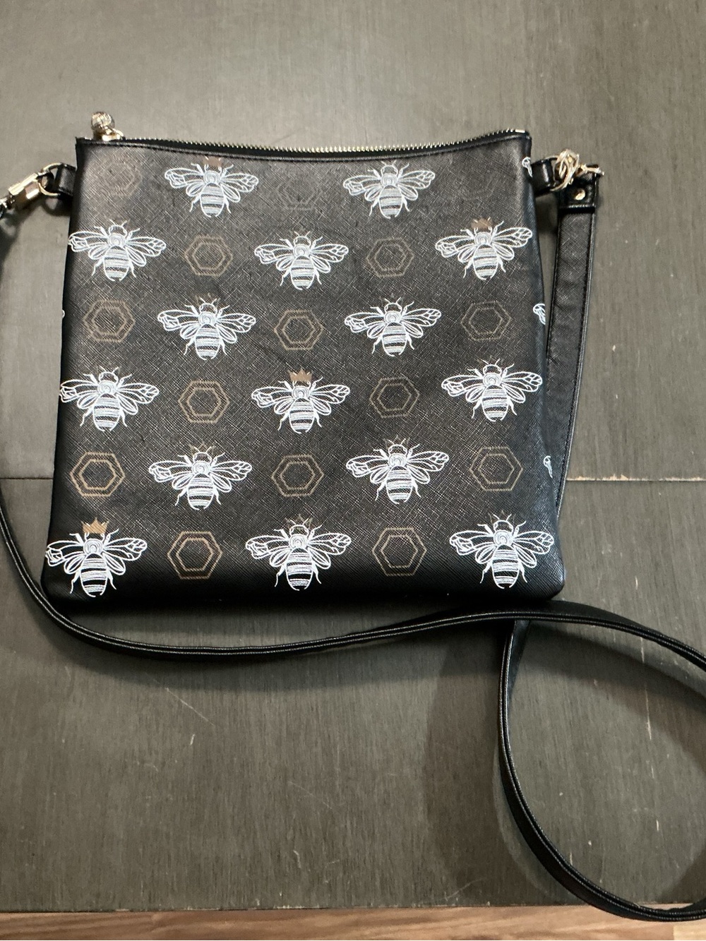 Black Bee-Print Crossbody Bag with Adjustable Strap